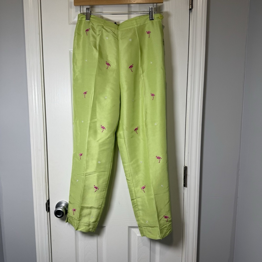 SILKLAND Womens 100% Silk Floral Flamingo Green Lined Side Zip Pants Size 6 0372